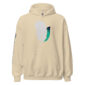 Beige hoodie with feather design, front view.