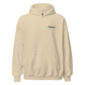 Beige hoodie with small logo on front, unisex design.