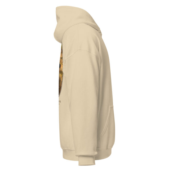 unisex-heavy-blend-hoodie-sand-right-6925ce0fbe54f.jpg Side view of beige hoodie with woodland design.