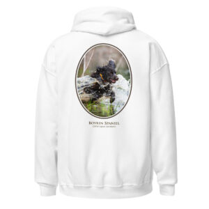 Boykin Spaniel dog jumping through water on hoodie