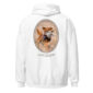 Golden Retriever with bird on white hoodie back