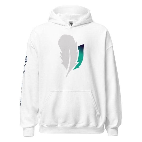 unisex-heavy-blend-hoodie-white-front-6925f8f2c4e26.jpg White hoodie with feather logo design.