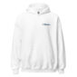 White hoodie with blue logo on chest.