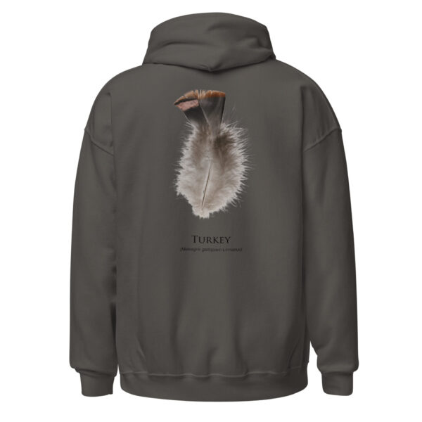 unisex-heavy-blend-hoodie-charcoal-back-693abf96c5fe3.jpg Hoodie with turkey feather illustration on back.