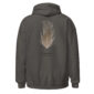 Gray hoodie with pheasant feather design on back.
