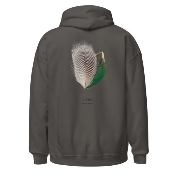 unisex-heavy-blend-hoodie-charcoal-back-693ac4e44cb7f.jpg Gray hoodie with teal feather design.