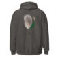 Gray hoodie with teal feather design.