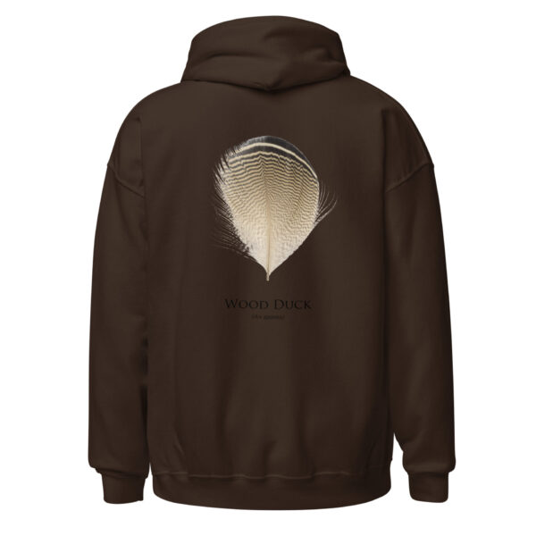 unisex-heavy-blend-hoodie-dark-chocolate-back-693abec33e34b.jpg Brown hoodie with wood duck feather design.