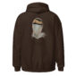 Brown hoodie with chukar feather design on back.