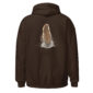 Brown hoodie with quail feather design on back.