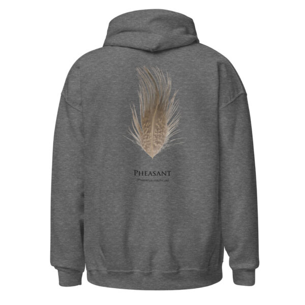 unisex-heavy-blend-hoodie-graphite-heather-back-693ac298747bc.jpg Gray hoodie with pheasant feather design.