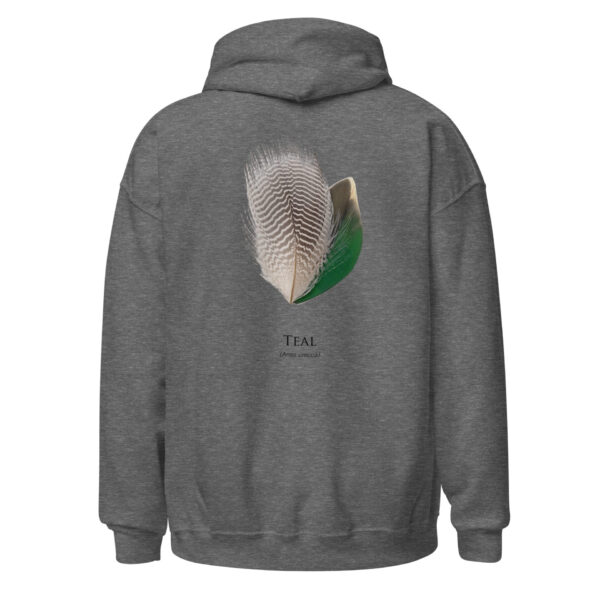 unisex-heavy-blend-hoodie-graphite-heather-back-693ac4e459002.jpg Gray hoodie with teal feather design on back.
