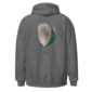 Gray hoodie with teal feather design on back.
