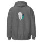 Gray hoodie with feather design on back.