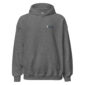 Gray hoodie with logo design on chest.