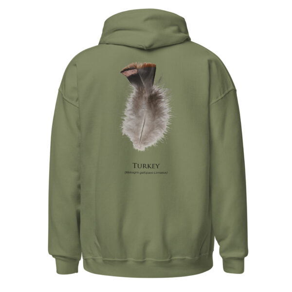unisex-heavy-blend-hoodie-military-green-back-693abf96e262d.jpg Green hoodie with turkey feather design.