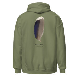 Green hoodie featuring a mallard feather illustration.
