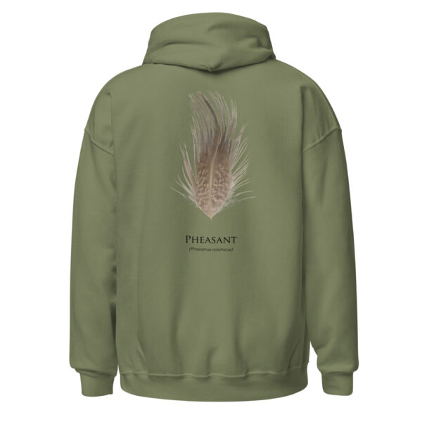 unisex-heavy-blend-hoodie-military-green-back-693ac29892973.jpg Green hoodie with pheasant feather design.