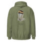 Olive hoodie with Chukar feather design.