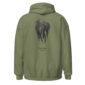 Green hoodie with pintail feather design.