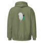Olive hoodie with feather graphic design.