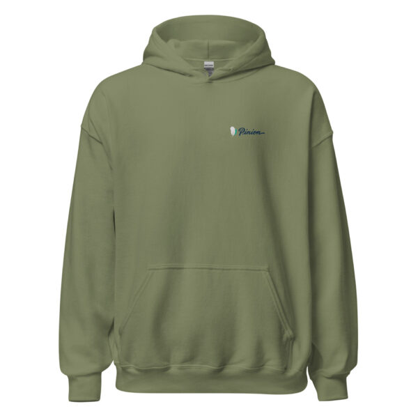 unisex-heavy-blend-hoodie-military-green-front-693ac4e46fdb3.jpg Green hoodie with feather logo on chest.