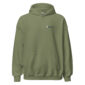 Green hoodie with pocket and embroidered logo.