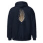 Navy hoodie with pheasant feather design on back.