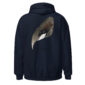 Navy hoodie with gadwall wing design on back.