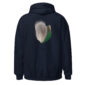 Back of hoodie with teal feather design