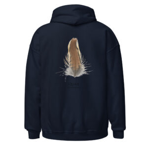 Navy hoodie with quail feather design.