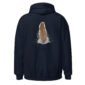 Navy hoodie with quail feather design.