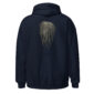 Navy hoodie with pintail feather design on back.