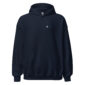 Navy blue hoodie with small logo on chest.