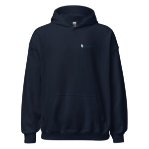 Navy blue hoodie with small logo on chest.
