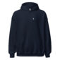 Navy blue hoodie with small logo on chest.