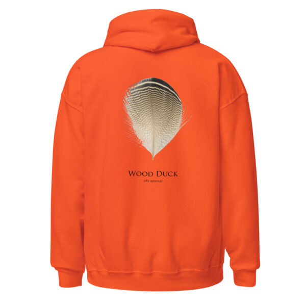 unisex-heavy-blend-hoodie-orange-back-693abec352b21.jpg Orange hoodie with wood duck feather design.