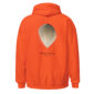 Orange hoodie with wood duck feather design.