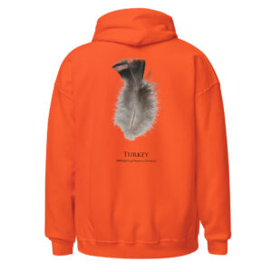 Orange hoodie with turkey feather design on back.