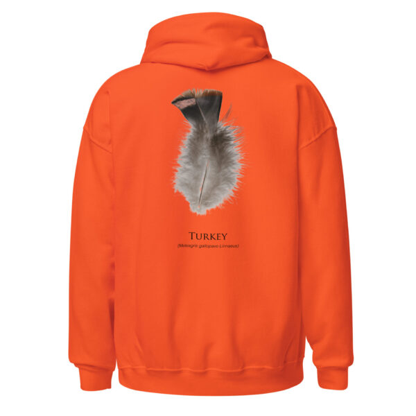 unisex-heavy-blend-hoodie-orange-back-693abf96ae475.jpg Orange hoodie with turkey feather design on back.