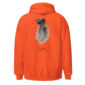 Orange hoodie with turkey feather design on back.