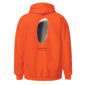 Orange hoodie with mallard feather design.