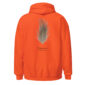 Orange hoodie with pheasant feather design.