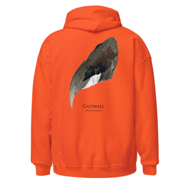 unisex-heavy-blend-hoodie-orange-back-693ac354c7937.jpg Orange hoodie with Gadwall duck wing design.
