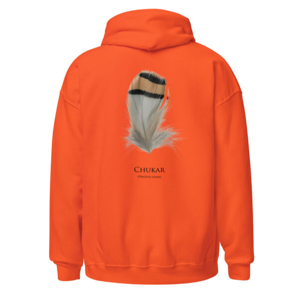 unisex-heavy-blend-hoodie-orange-back-693ac42bdf8be.jpg Orange hoodie with feather design and 'Chukar' text