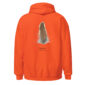 Orange hoodie with quail feather illustration.