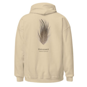 Beige hoodie with pheasant feather design.