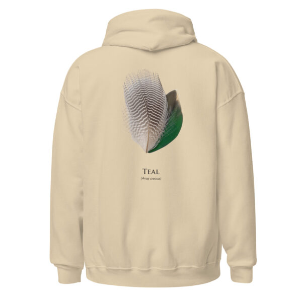 Hoodie with teal feather design on back.
