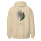 Hoodie with teal feather design on back.