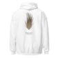 White hoodie with a pheasant feather design.